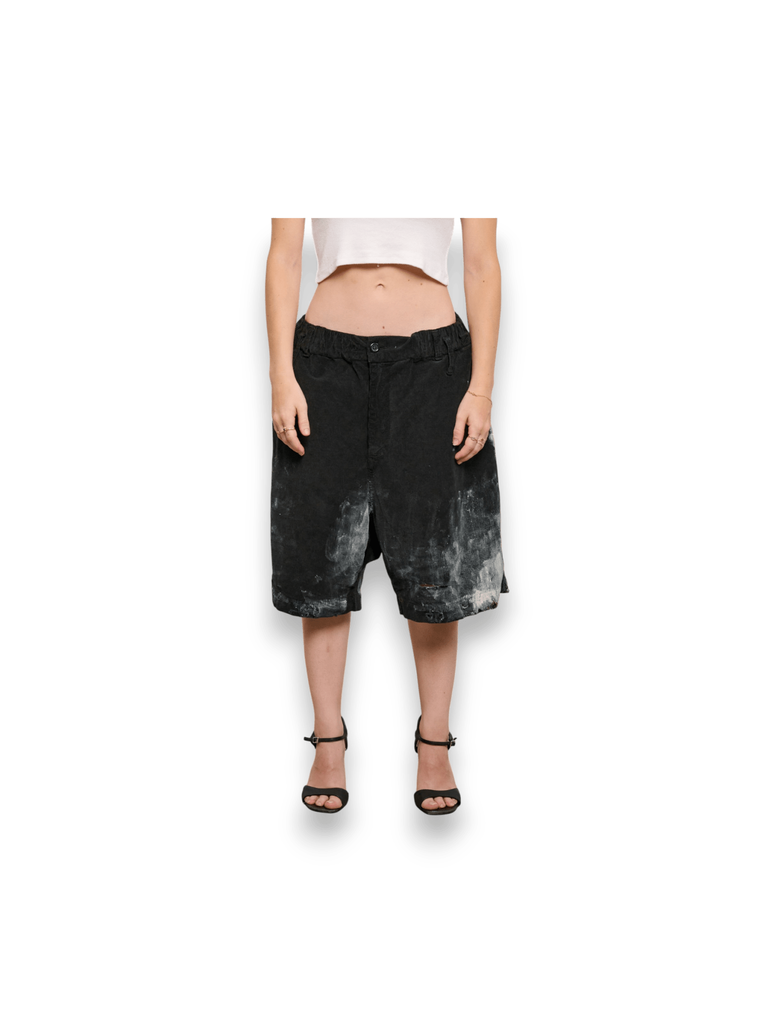 STAY HUMAN ON EARTH DIRTY DESTROYED CORDUROY BERMUDA SHORTS BLACK