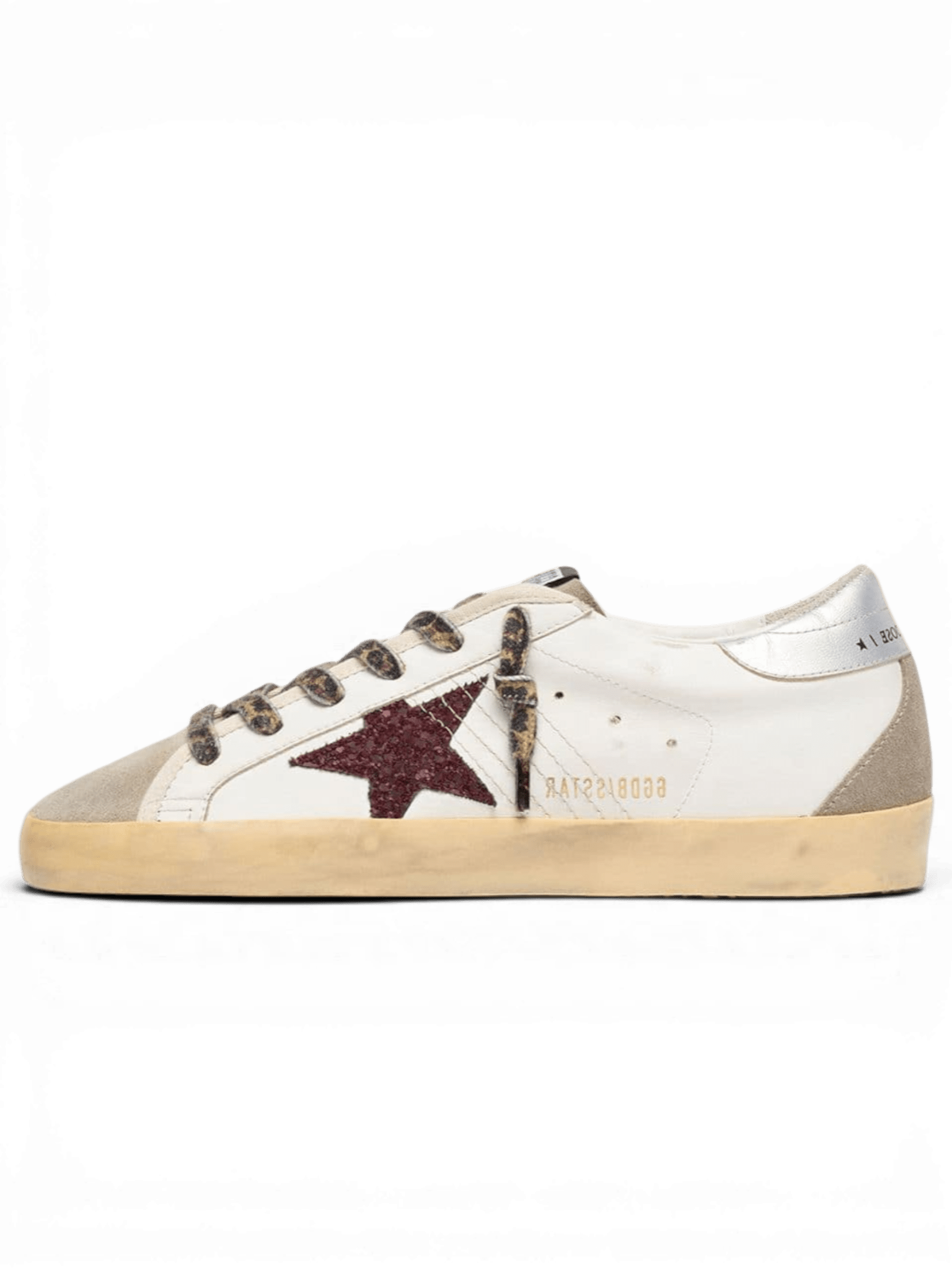 Golden Goose Super-Star White With Glitter Bordeaux Star And Silver Heel