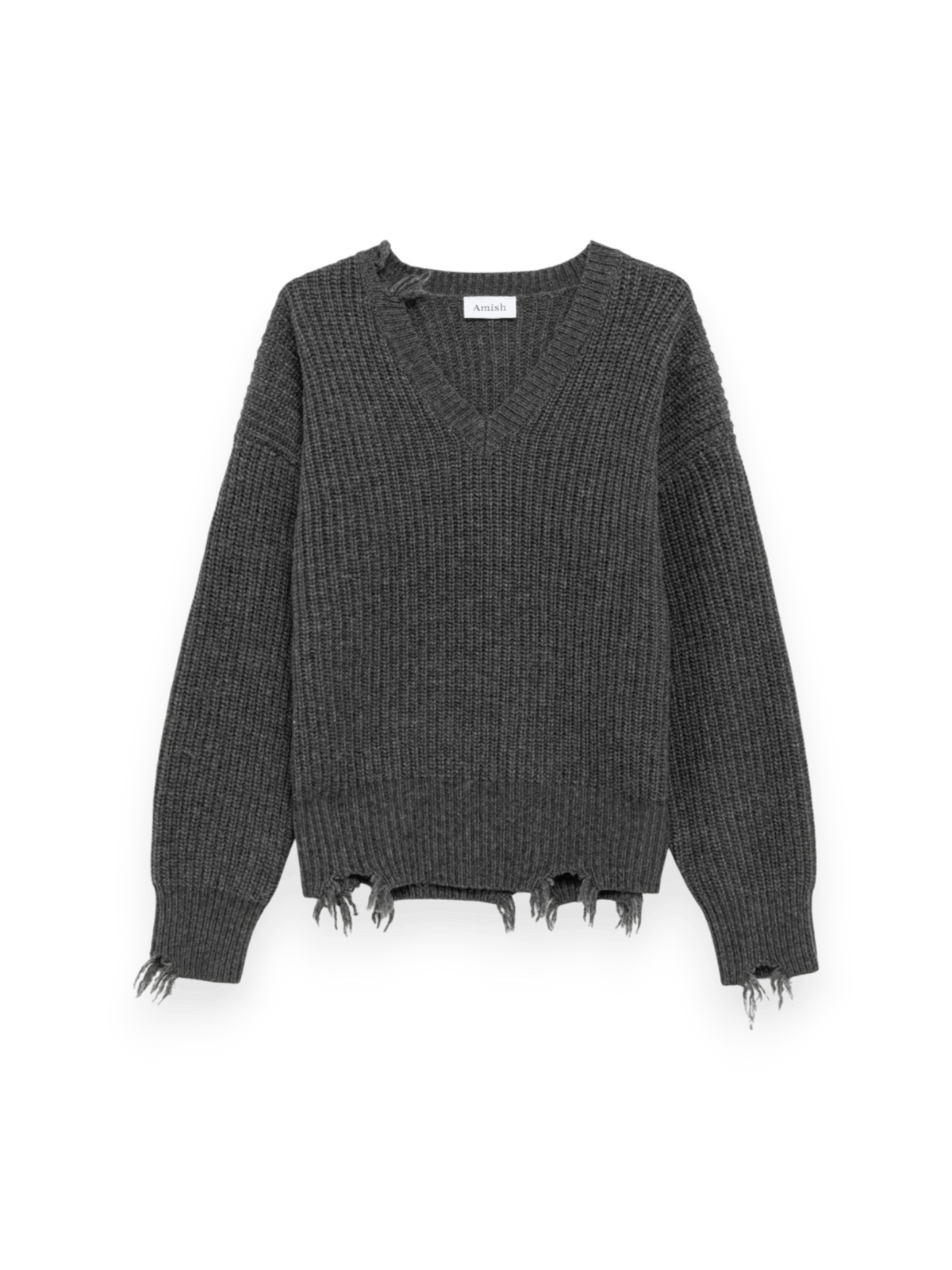 Amish V-Neck Distressed Jumper Grey