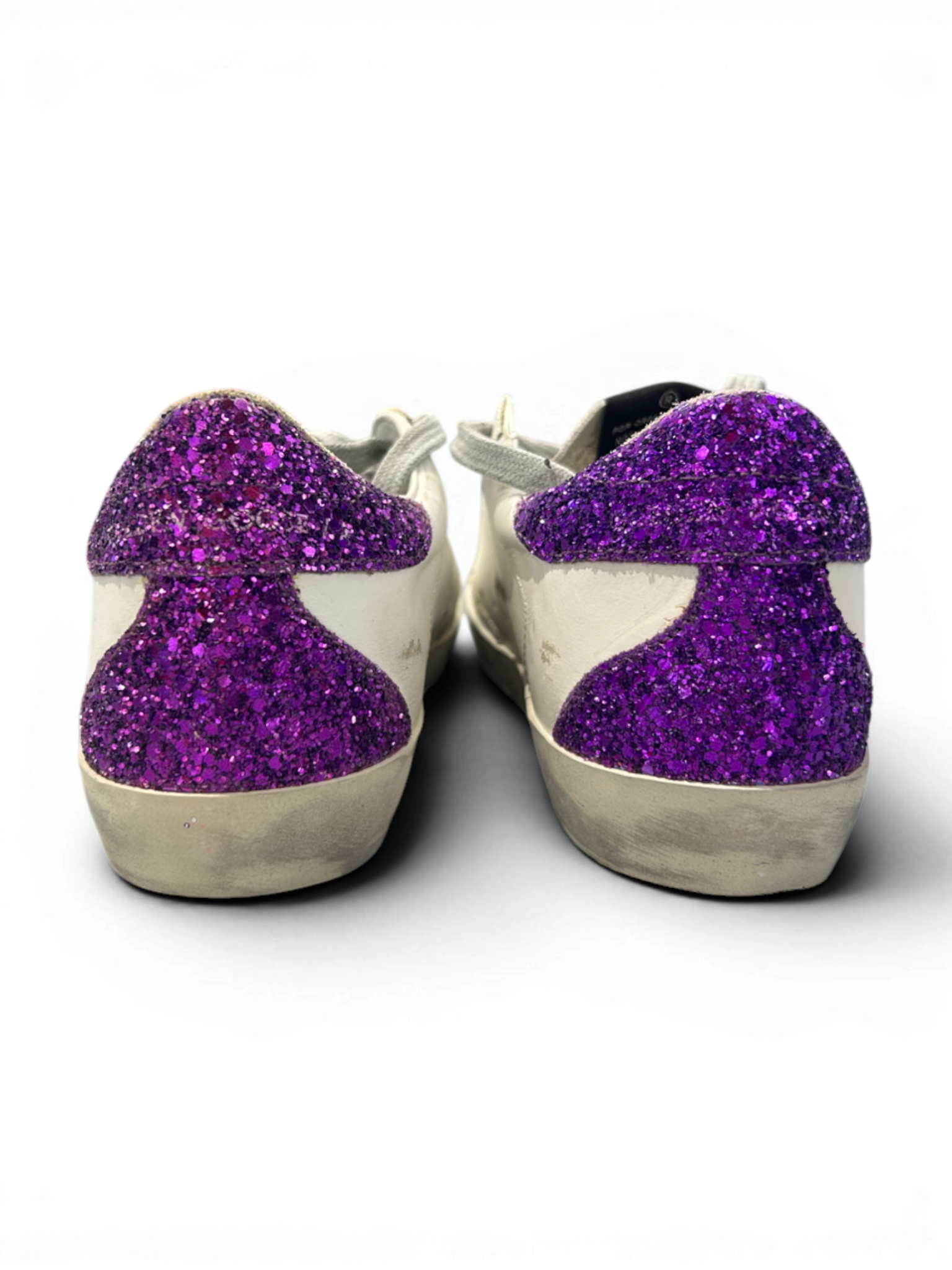 Golden Goose Super-Star White With Green Star And Glitter Purple Heel