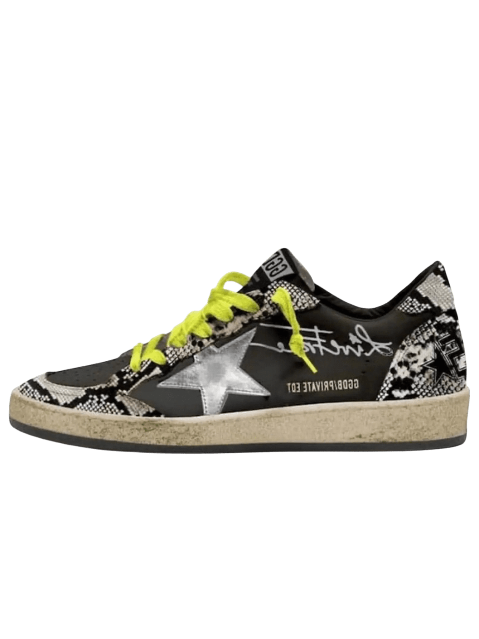 Golden Goose Ball-Star Black Leather With A Silver Star And Python Effect Heel