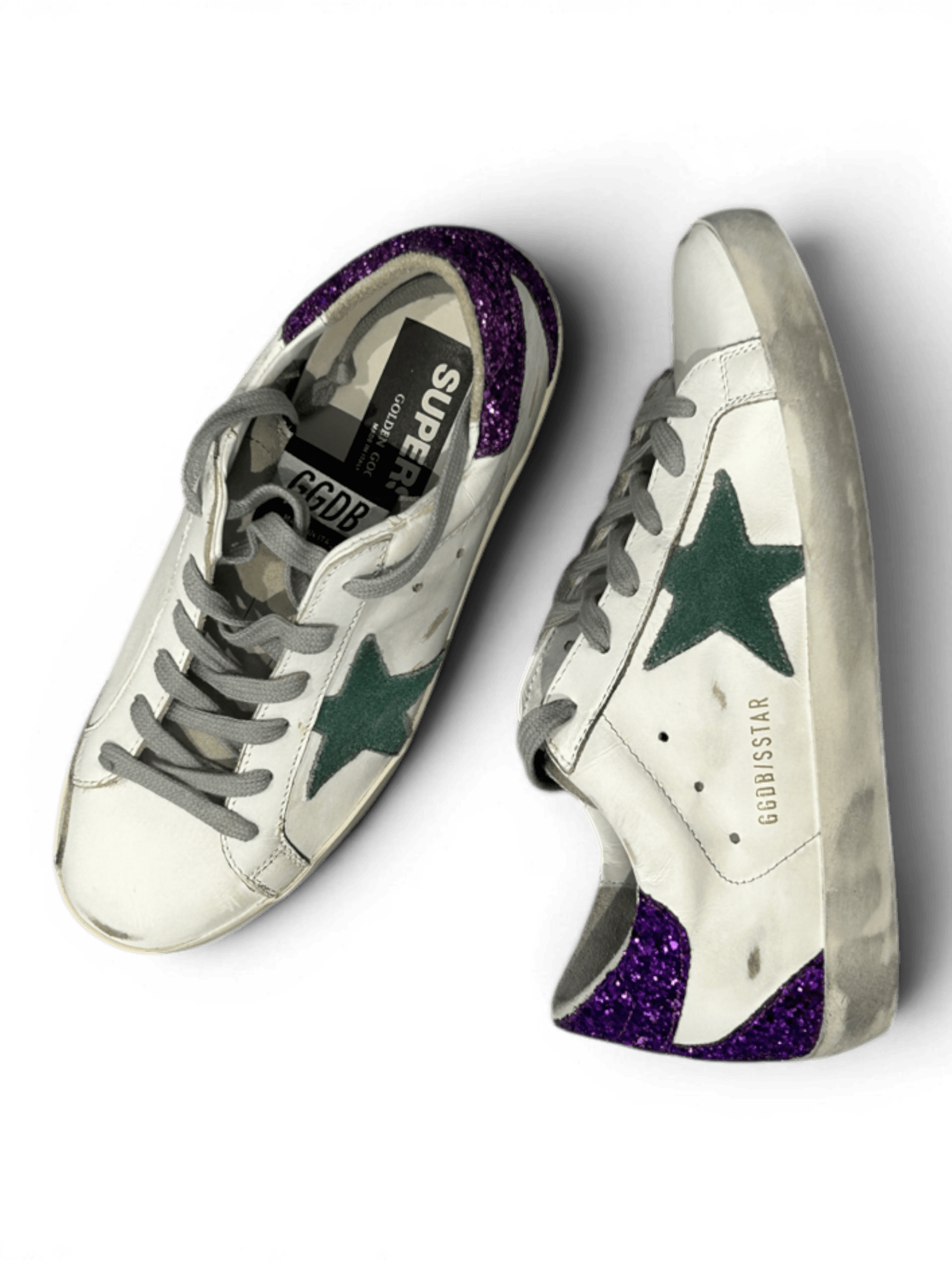 Golden Goose Super-Star White With Green Star And Glitter Purple Heel