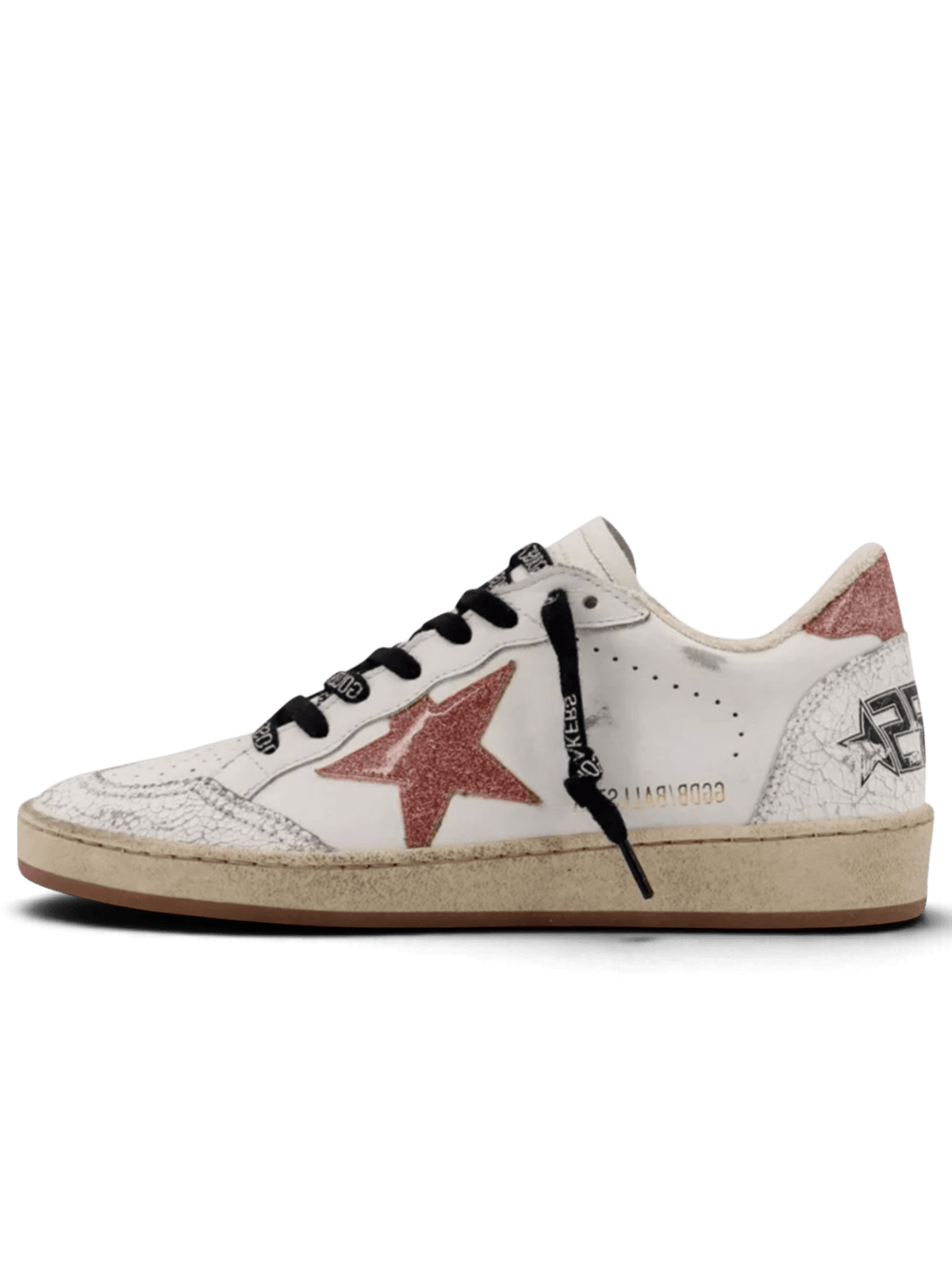 GOLDEN GOOSE BALL STAR WHITE/PEACH CRACK LEATHER TOE AND SPUR GLITTER STAR AND HEEL