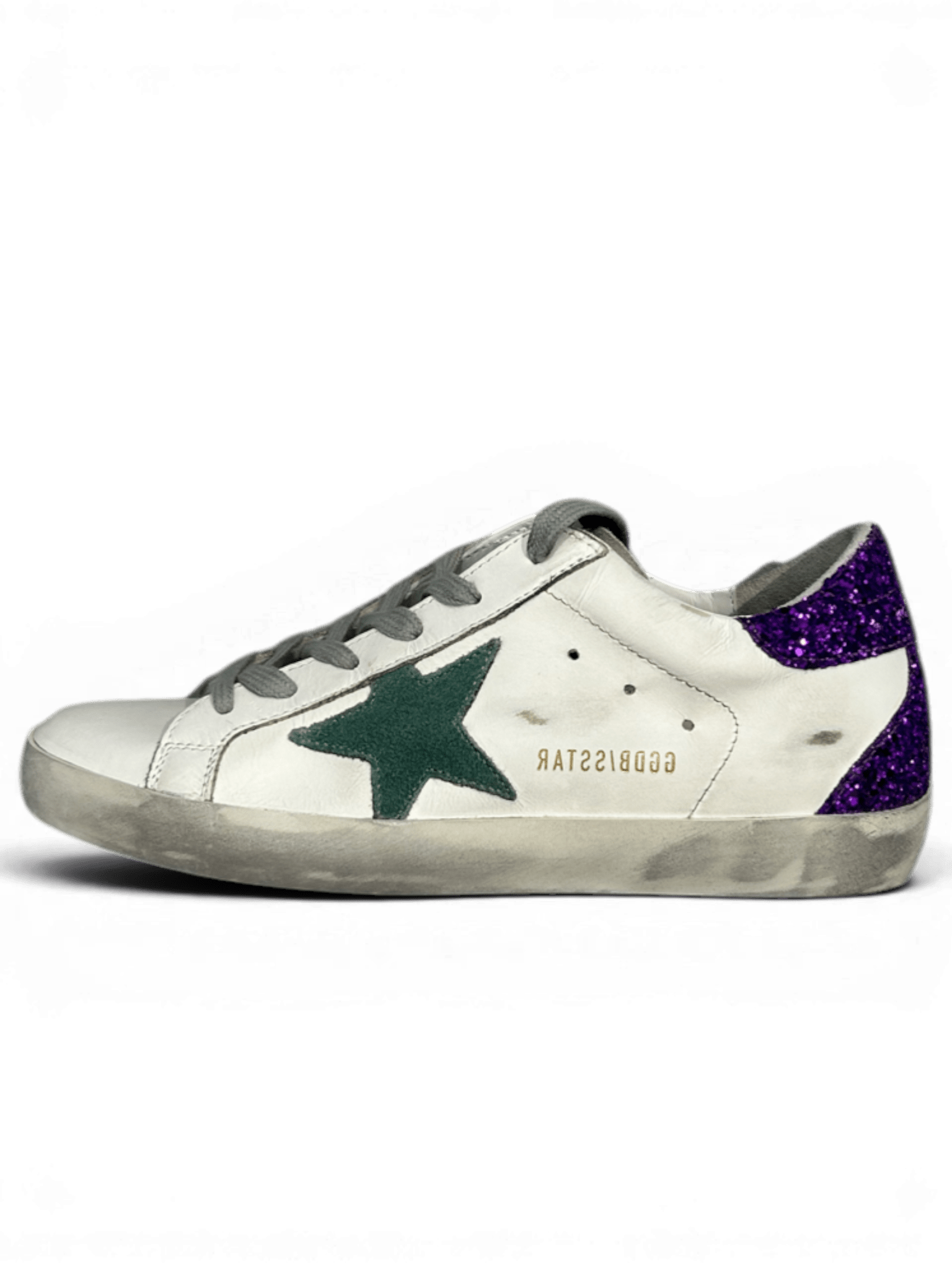 Golden Goose Super-Star White With Green Star And Glitter Purple Heel