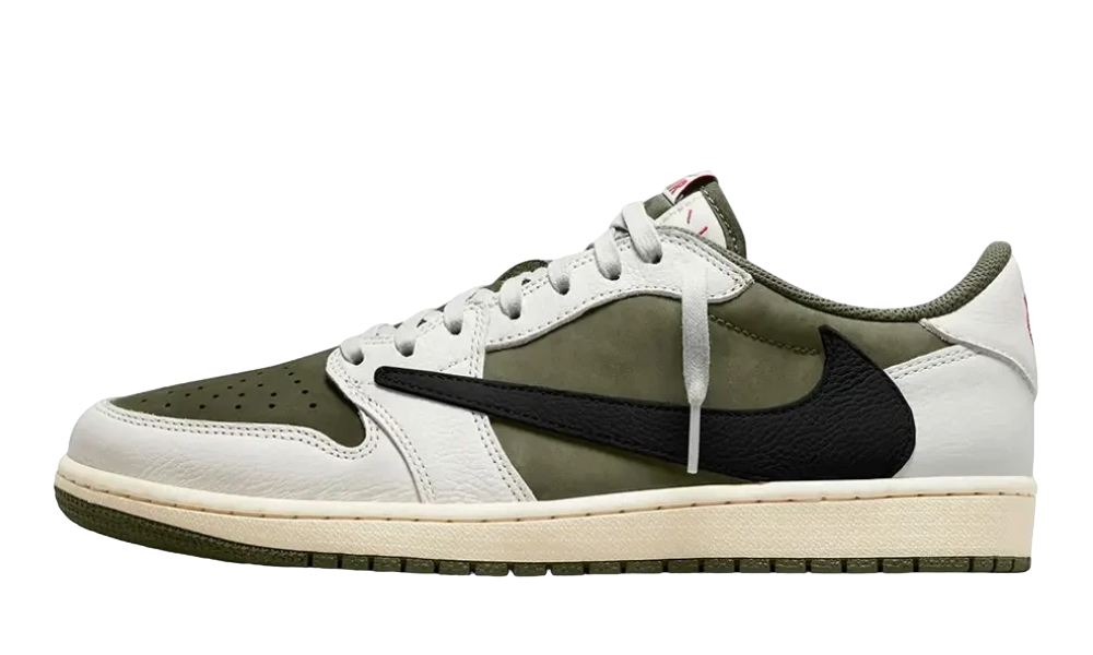 Sneakers Travis Scott Air Jordan 1 Low "Medium Olive" con Swoosh invertito e dettagli in verde oliva, design esclusivo in edizione limitata.