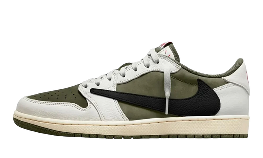 Sneakers Travis Scott Air Jordan 1 Low "Medium Olive" con Swoosh invertito e dettagli in verde oliva, design esclusivo in edizione limitata.