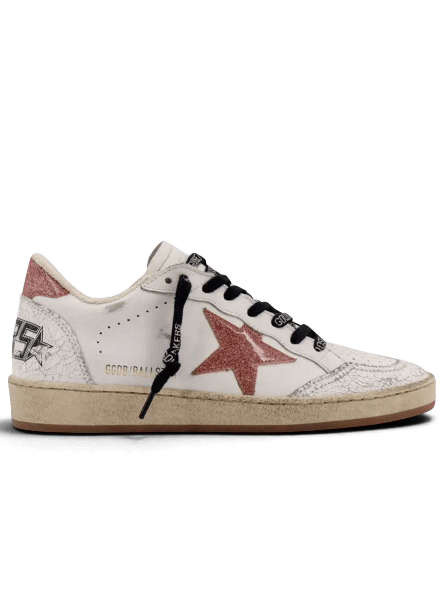 GOLDEN GOOSE BALL STAR WHITE/PEACH CRACK LEATHER TOE AND SPUR GLITTER STAR AND HEEL