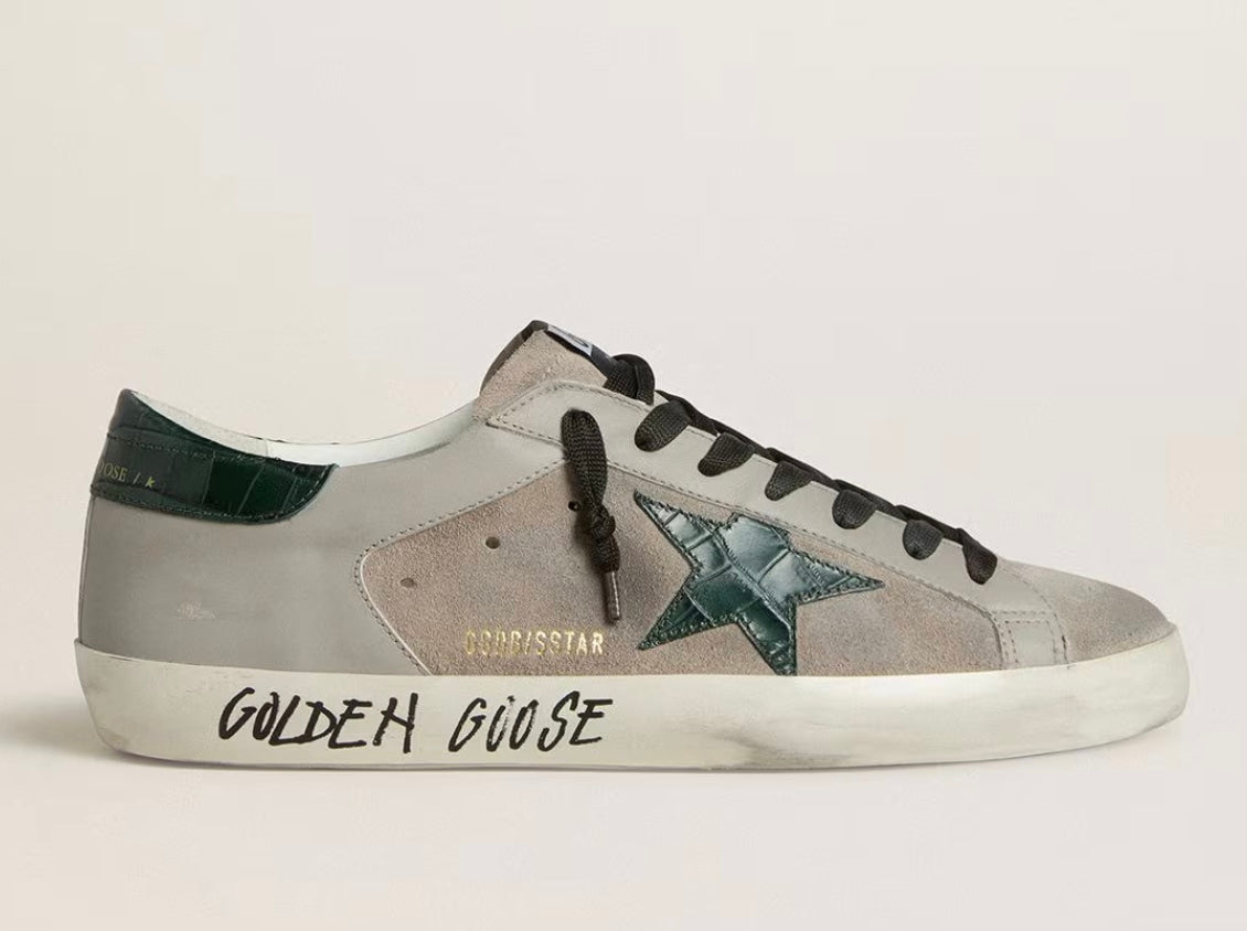 Golden Goose Super-Star Nappa And Suede With Green Croc-Print Leather Star