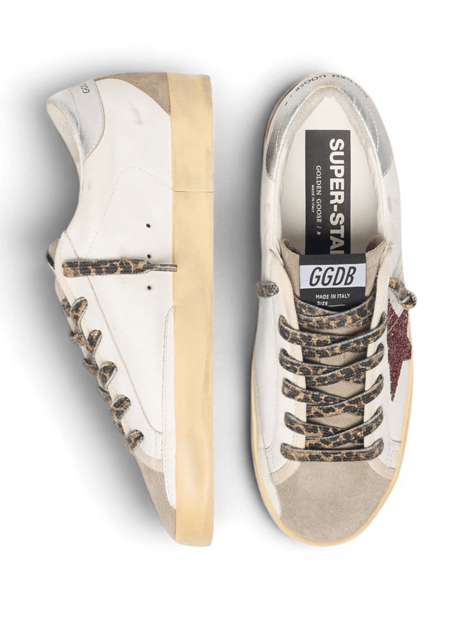 Golden Goose Super-Star White With Glitter Bordeaux Star And Silver Heel