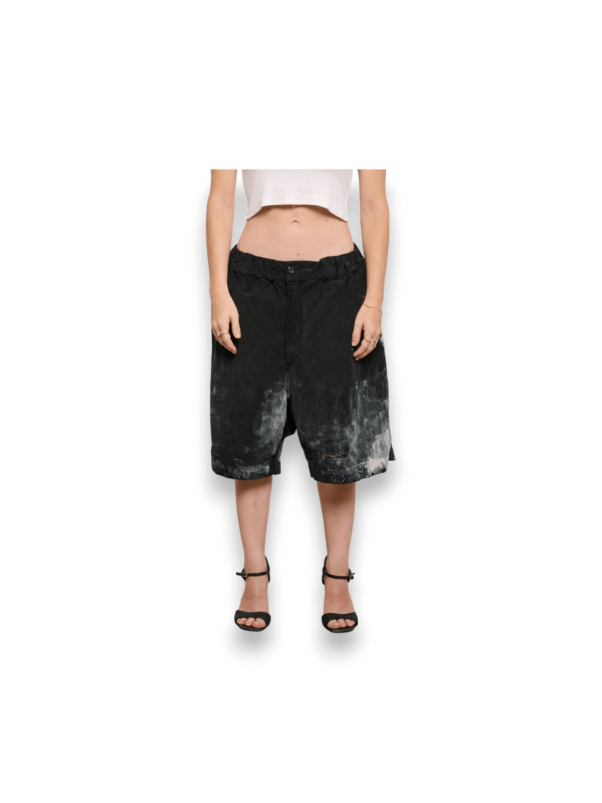 STAY HUMAN ON EARTH DIRTY DESTROYED CORDUROY BERMUDA SHORTS BLACK