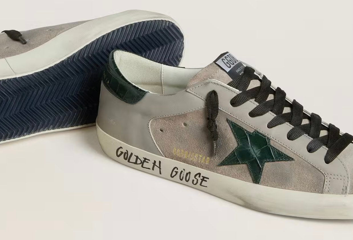 Golden Goose Super-Star Nappa And Suede With Green Croc-Print Leather Star
