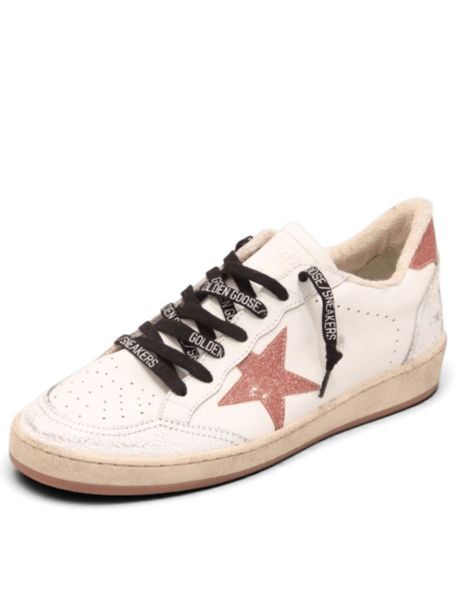 GOLDEN GOOSE BALL STAR WHITE/PEACH CRACK LEATHER TOE AND SPUR GLITTER STAR AND HEEL
