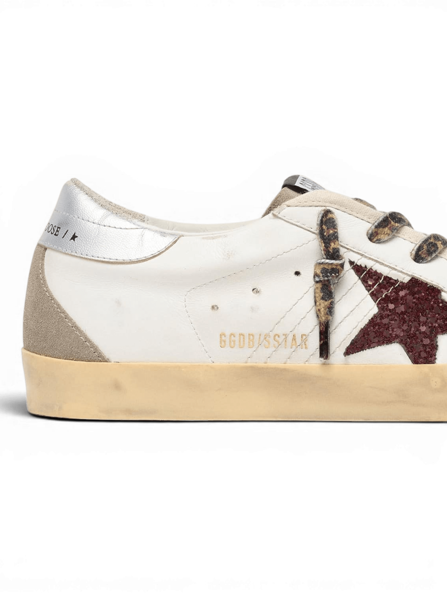 Golden Goose Super-Star White With Glitter Bordeaux Star And Silver Heel