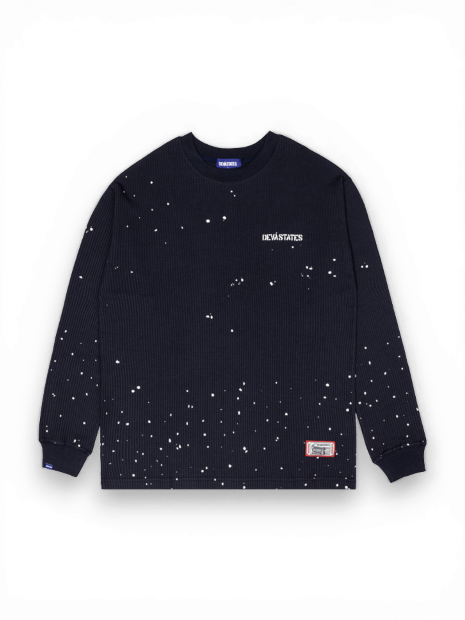 DEVÁ STATES Crewneck Waffle Top - SPLATS - Navy Blue