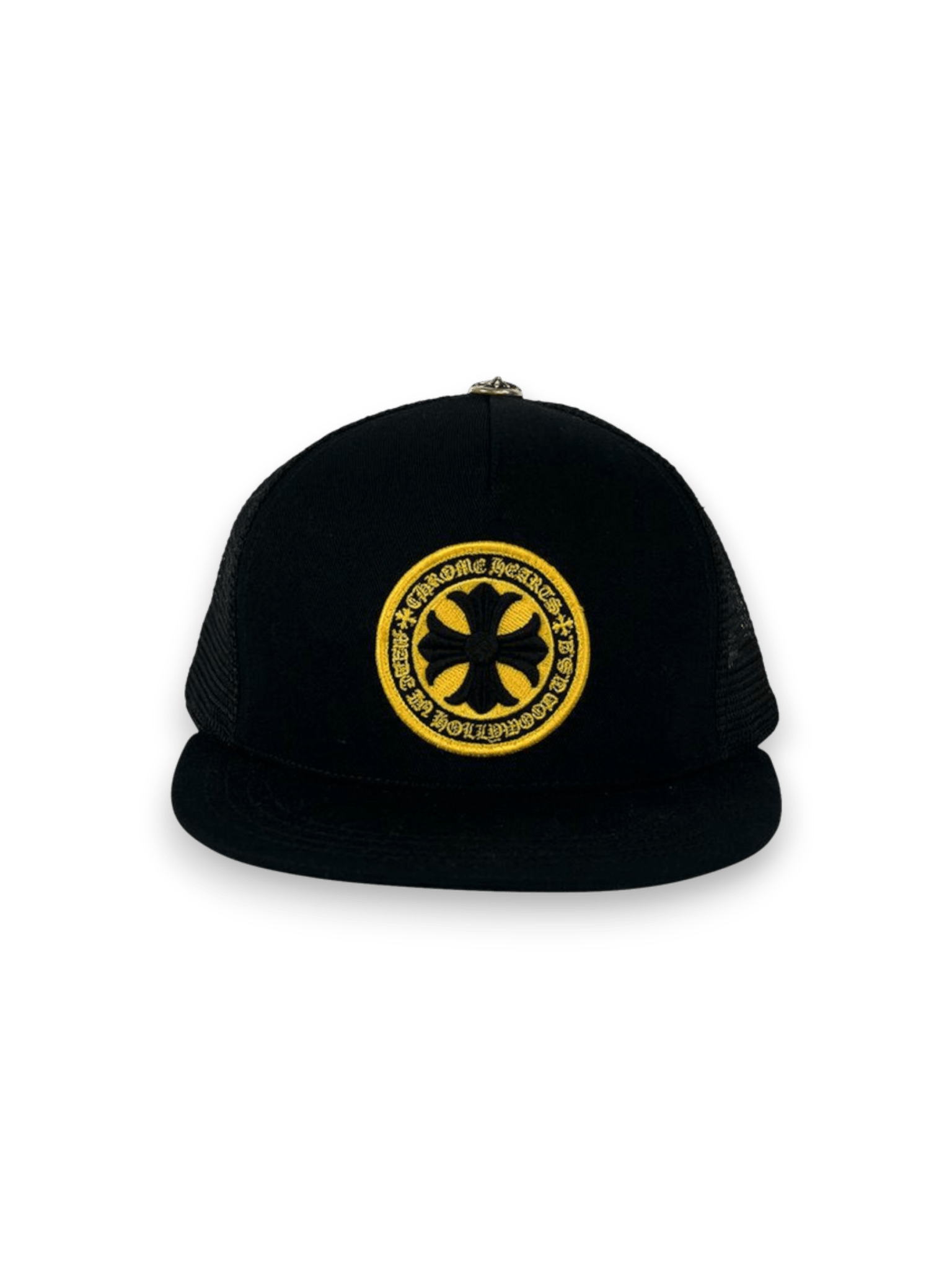 CHROME HEARTS PLUS CROSS SEAL STAMP TRUCKER HAT BLACK