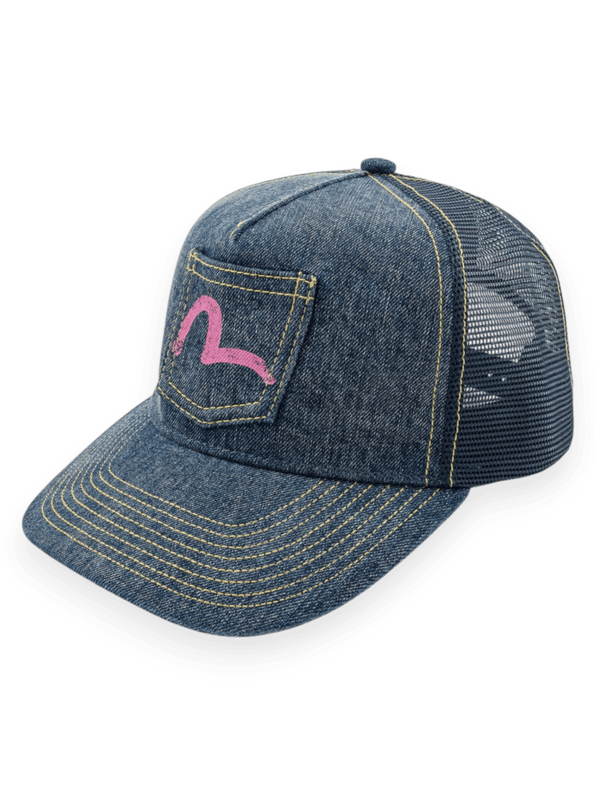 Evisu Seagull Pocket Denim Mesh Trucker Cap Navy