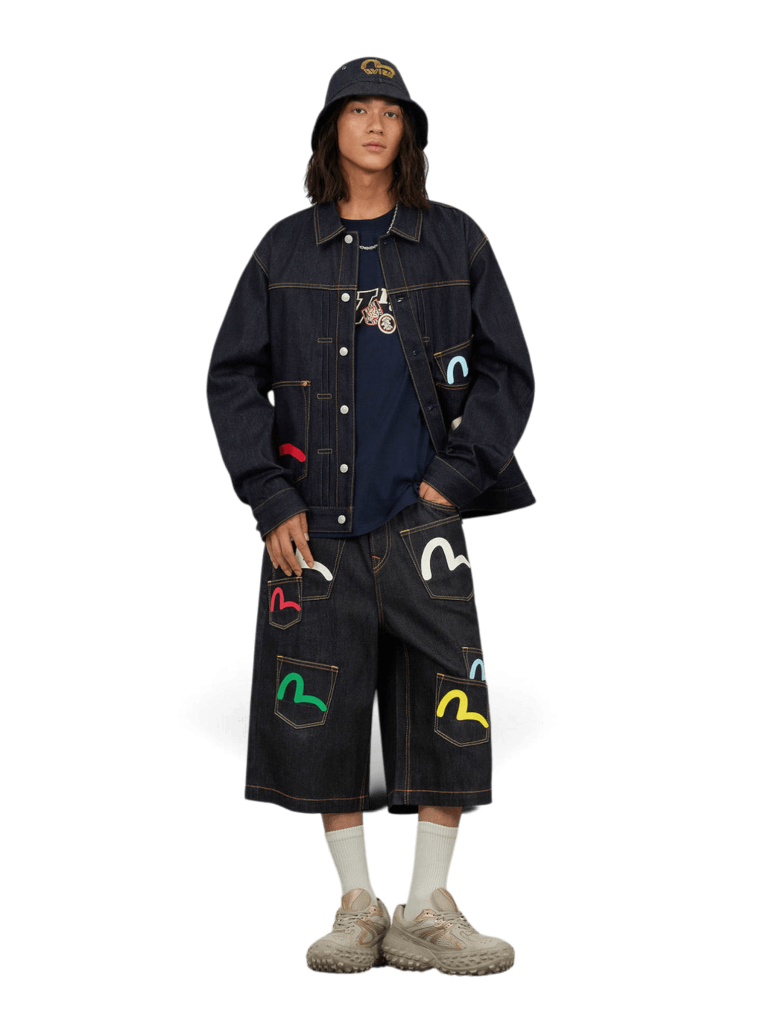 Evisu Seagull Print and Multi-Pocket Relax Fit Denim Jacket
