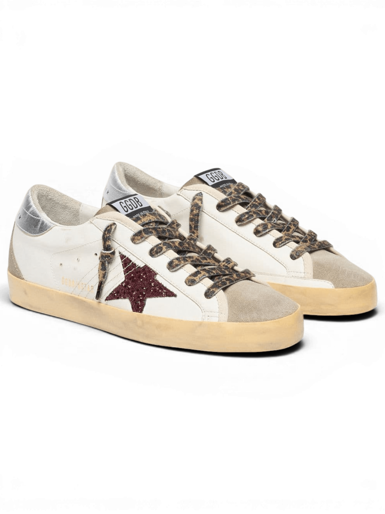 Golden Goose Super-Star White With Glitter Bordeaux Star And Silver Heel