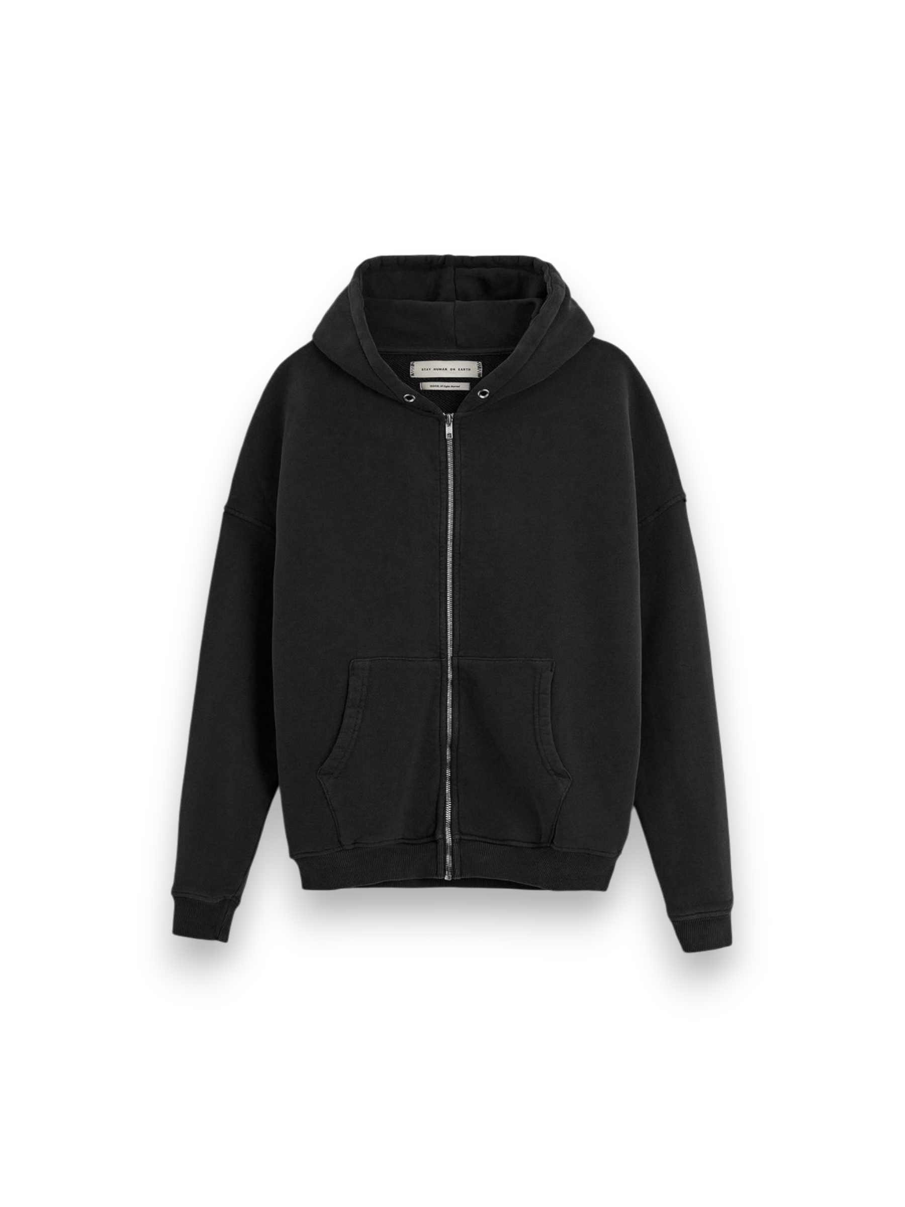 STAY HUMAN RIPPED RELAXED ZIPPED HOODIE BLACK WASHED