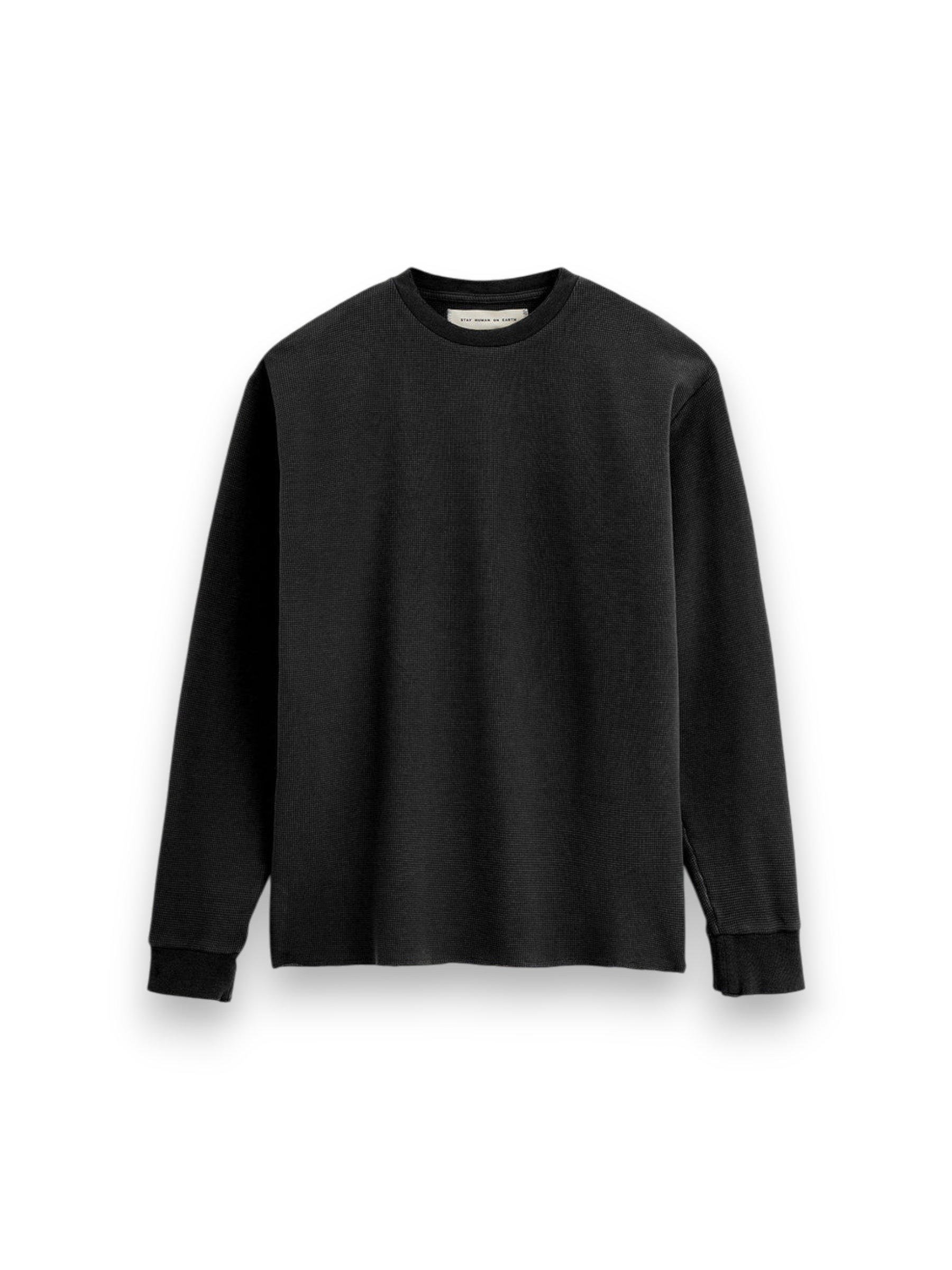 RELAXED LONG SLEEVES WAFFLE TEE BLACK STAY HUMAN ON EARTH