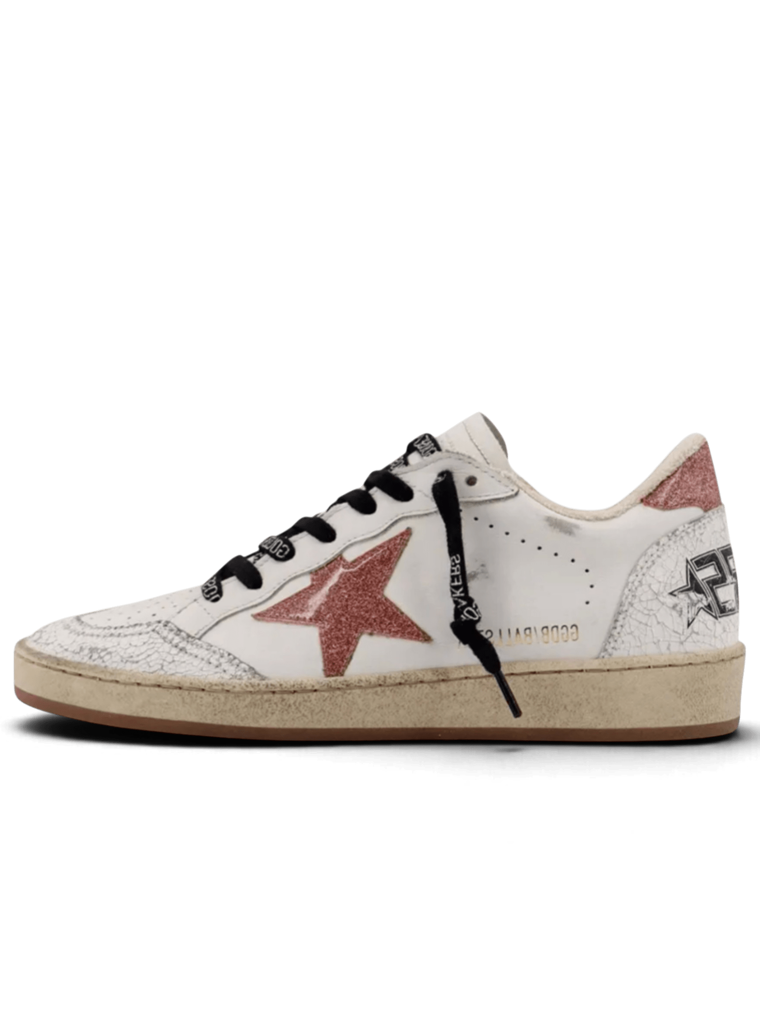 GOLDEN GOOSE BALL STAR WHITE/PEACH CRACK LEATHER TOE AND SPUR GLITTER STAR AND HEEL